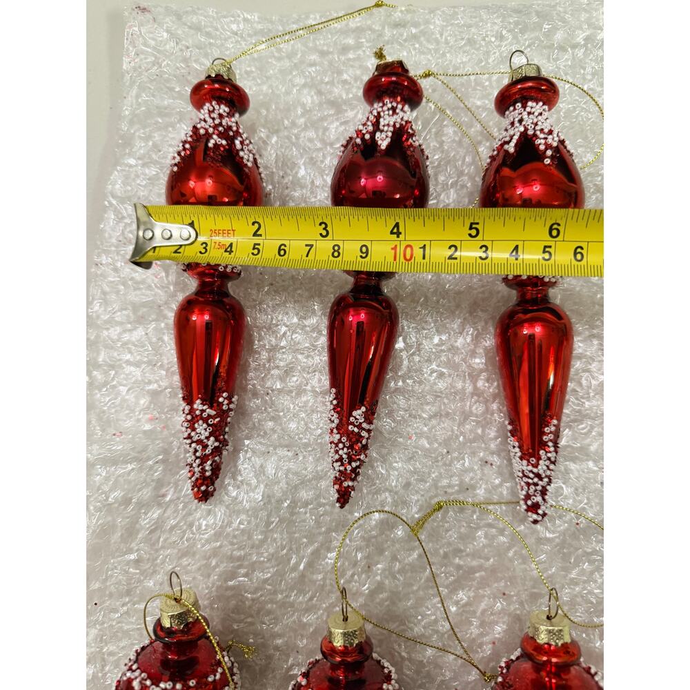 6 Red Glass Finial Christmas Ornaments Nordic Frost Beaded Tree Decor - Picture 8 of 8